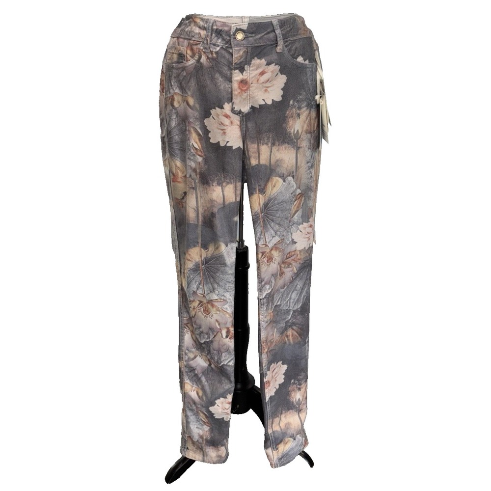 NEW Charlie B Reversible Floral Jeans Size 8 Blue Gray Slim‎ Stretch Pockets